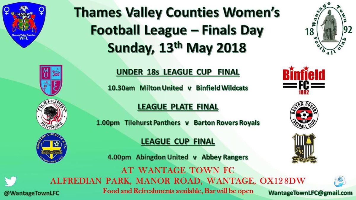 Good luck to the 6 teams competing in the <a href="/tvcwfl/">TVCWFL</a> cup finals today. 🏆🏆🏆⚽️ <a href="/abingdonutdwfc/">Abingdon United WFC</a> <a href="/AbbeyRangersLFC/">Abbey Rangers Ladies FC</a> <a href="/TP_GirlsFC/">Tilehurst Panthers⚽️</a> <a href="/BRFC_Tilehurst/">Barton Rovers FC</a> <a href="/MiltonUnited/">Milton United FC</a> @binfieldladies