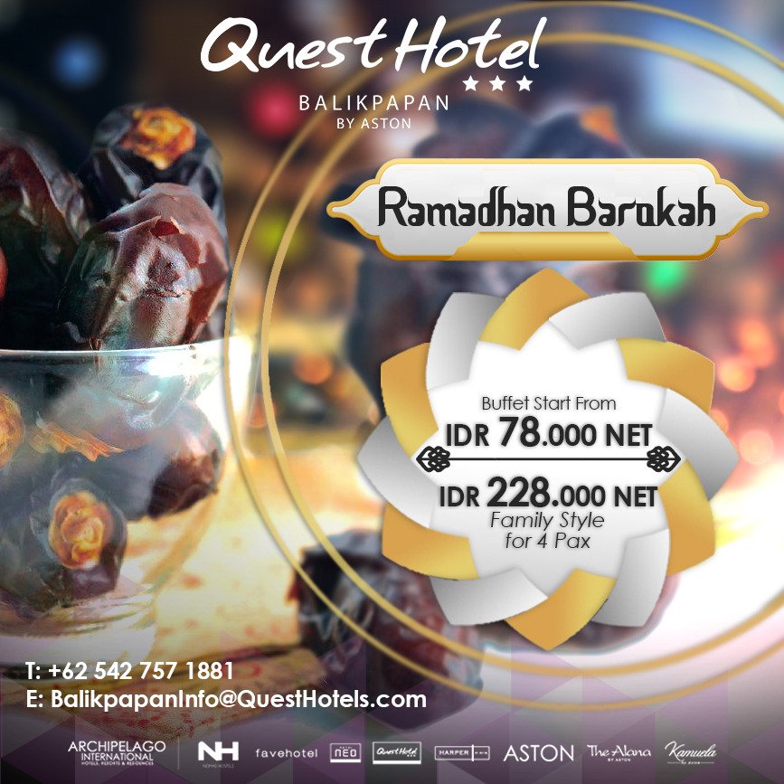 Puasa tinggal beberapa hari lagi nihh..pasti sudah pada rencanain buka puasa bareng keluarga atau teman teman terdekat kan..??? ini dia... Quest Hotel Balikpapan hadir dengan menu paket buka puasa yang super hemat untuk anda semua. Mari merapat di Balikpapan Superblok blok-H 11