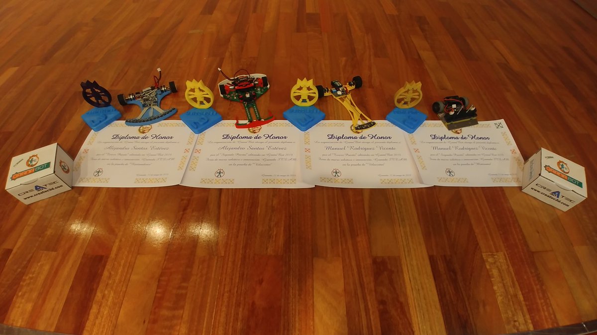 OPRobots's tweet photo. Ayer estuvimos participando en @granabot y cómo seguimos siendo un desastre no hemos tweeteado nada durante la competi, pero hemos quedado 2° (#DragonBot) y 3° (#KizaruBot2) en Velocistas, 2° (#YokozunaBot) en Minisumo y 3° (#ShyarlyBot) en Rastreadores https://t.co/DRTnROiqye