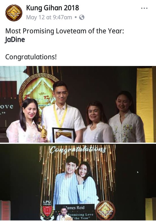 JaDineGalaxy's tweet photo. Congratulations!!!!

#JaDine - Most Promising Love Team of the Year
@tellemjaye - Most Influential Commercial Endorser of the Year

from @Kunggihan2018 

#MomGandangSundayWithJaDine https://t.co/phEs9Xigl3
