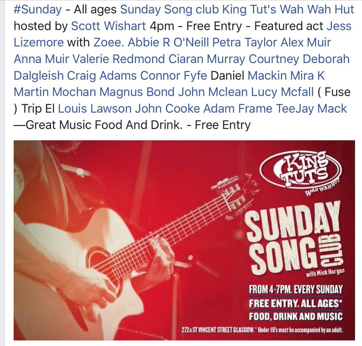 mickhargan's tweet photo. Today @kingtuts -
all Ages Sunday Song club  from 4pm featuring @jesslizemoremusic - Free Entry https://t.co/NXi2xgFp7v