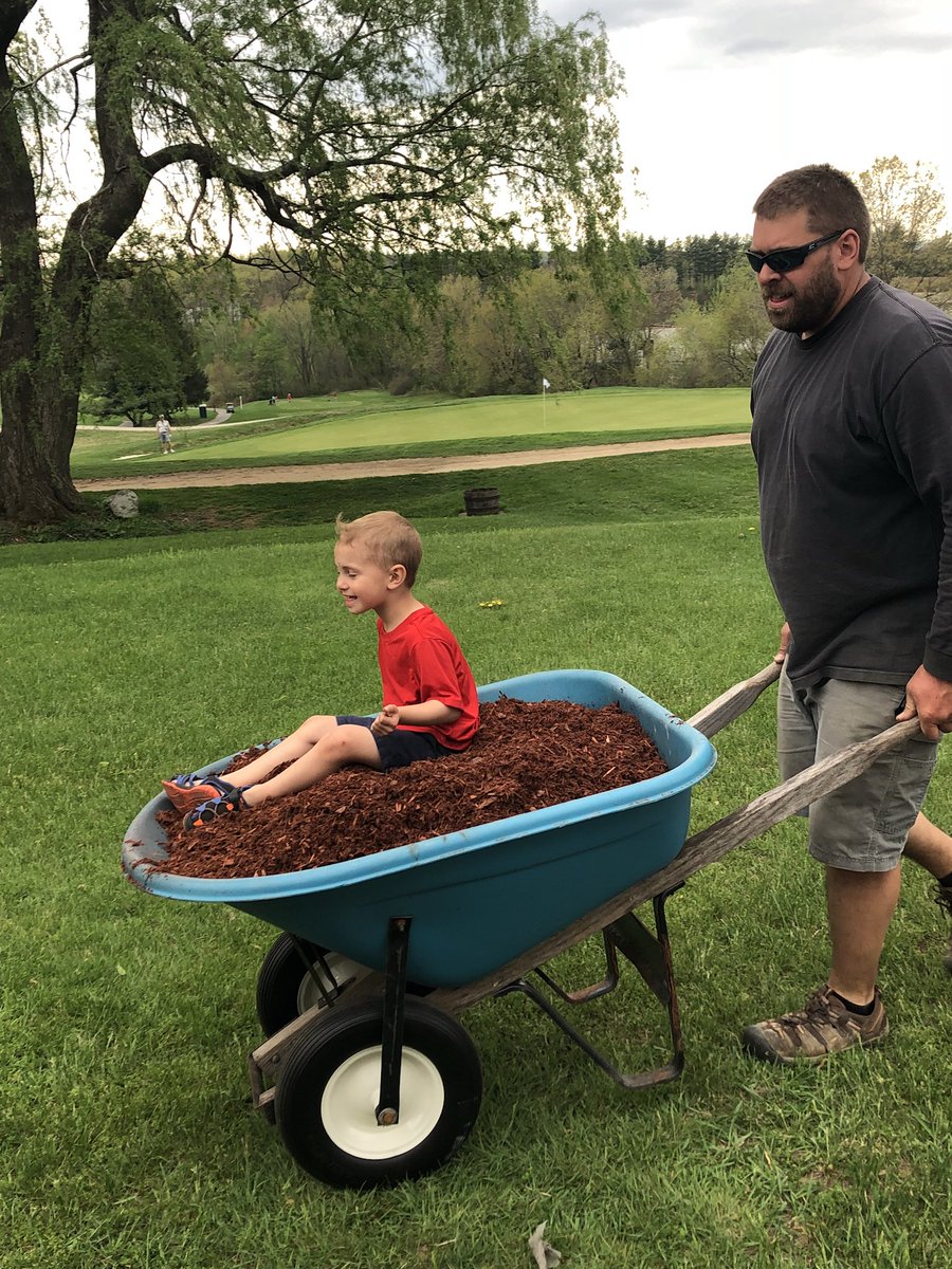 WeatherbeeJill's tweet photo. It was put your kid to work day! Who knew work could be so fun? I don’t know who had more fun Hunter or his uncle Robbie! #workinghard #unclerobbie #wheelbarrowrides #dirtyboy https://t.co/CwJR54lPSG