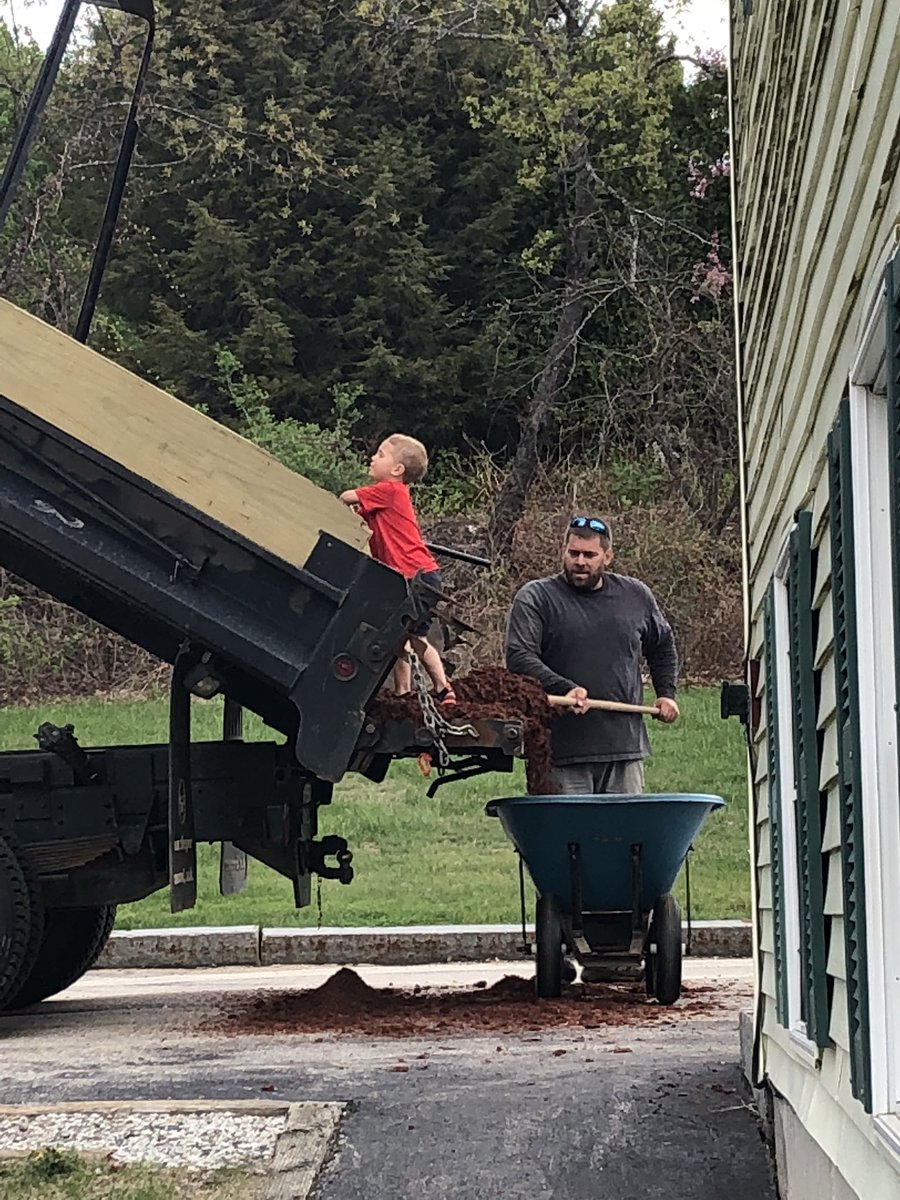 WeatherbeeJill's tweet photo. It was put your kid to work day! Who knew work could be so fun? I don’t know who had more fun Hunter or his uncle Robbie! #workinghard #unclerobbie #wheelbarrowrides #dirtyboy https://t.co/CwJR54lPSG