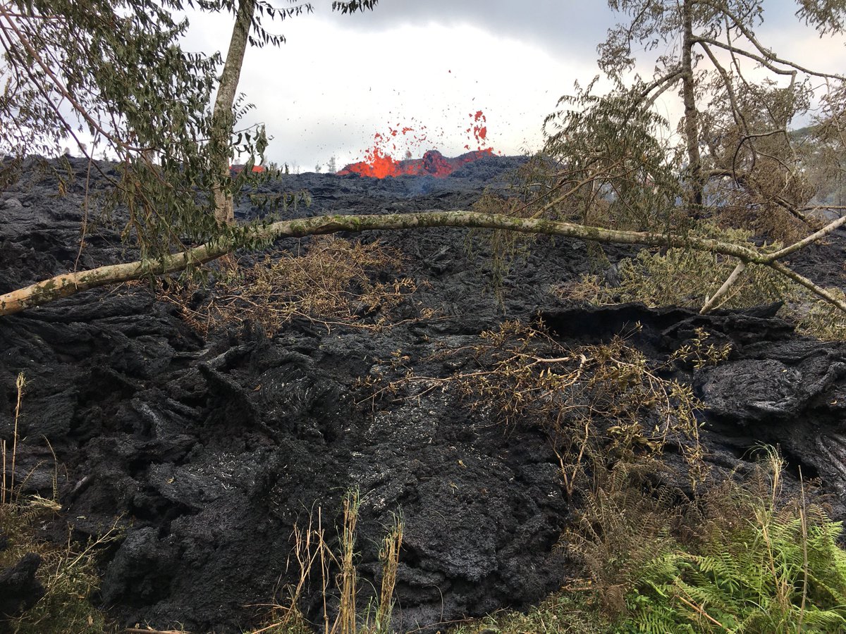 USGSVolcanoes's tweet photo. #HVO #KilaueaVolcano May 12 evening update (7:07PM HST): New outbreak reported at 6:00 pm ~0.5 mile northeast from end of Hinalo Road, very close to fissure 16  Lava is actively spattering and degassing but no flow has yet formed. https://t.co/7sDZqcx8dU #KilaueaErupts https://t.co/Lea1b41NSo
