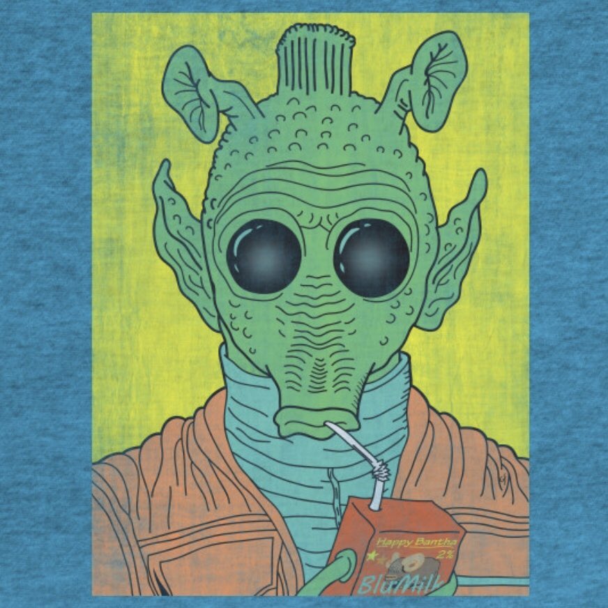 LaserBrainDsn's tweet photo. Did you know? Greedo’s favorite beverage is Happy Bantha Blue Milk. Find this &amp; all my galactic inspired designs @ https://t.co/jtm19biapS https://t.co/pOcgX8wEnF
