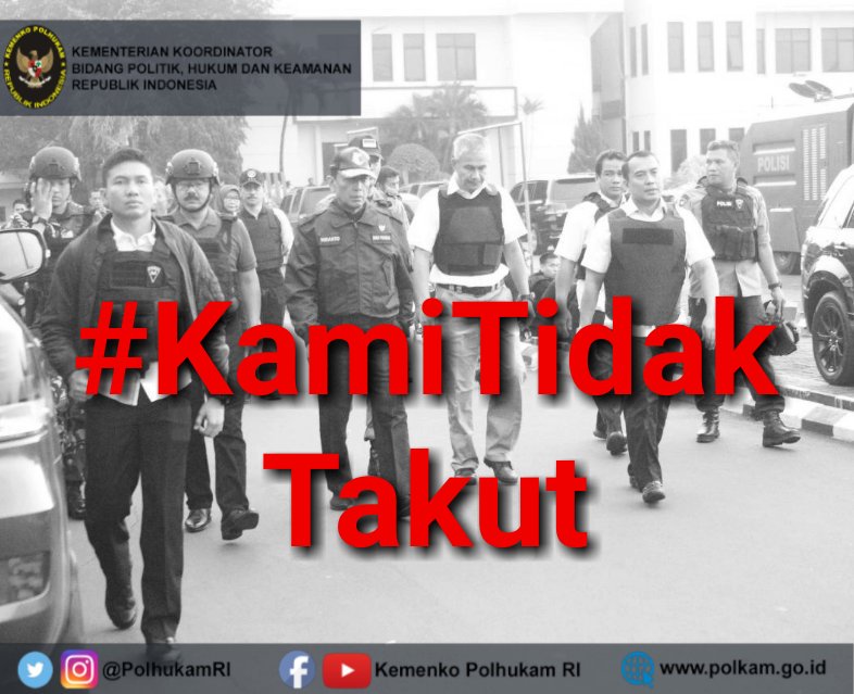 Hari ini kita berduka krn teroris kembali berulah &amp; berusaha melenyapkan nyawa saudara kita serta menanamkan virus ketakutan di dlm hati kita semua. Jgn takut dan lawan! Krn terorisme musuh bersama bangsa.

#KamiTidakTakutTeroris
#KamiTidakTakut