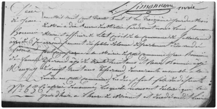 GeneaNantes's tweet photo. #Généalogie | #1J1Ancêtre
C'est à 67 ans que décède Jean #BONNIN (Sosa 116 Gen7) à #Sallertaine(#85) le #13Mai 1838. Jean est l'époux de Françoise #BOURRY, Il avait enterré son jeune frère Louis #BONNIN (49 ans) deux mois plus tôt. https://t.co/HqliH9Hy8A