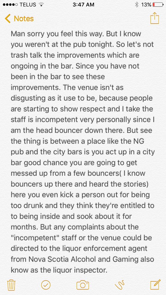 TJewell94's tweet photo. Here the reply, too long for a tweet but if you have any complaints above the NG pub just contact me and I'll give you the liquor inspectors number so you may give him your complaint https://t.co/IexVXizYZs