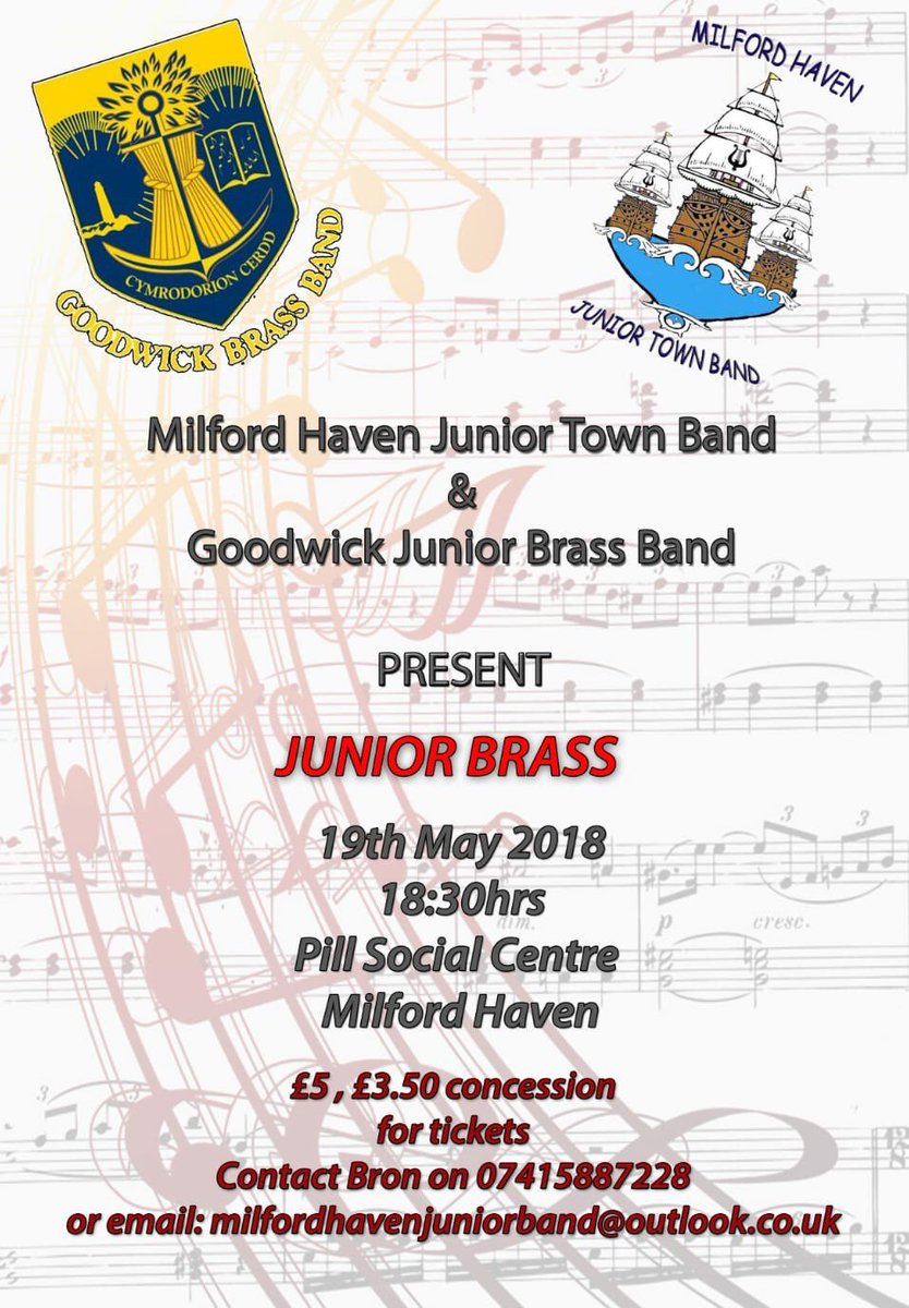 MilfordHTBand's tweet photo. Milford Haven Junior Band are having their annual summer concert next Saturday. It’s a joint concert with Goodwick Junior Brass Band so double the enjoyment and talent. https://t.co/X8x0YBqHtW