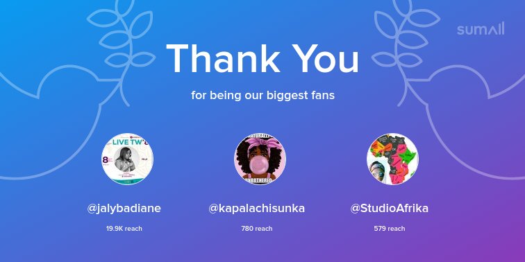 G_MachelTrust's tweet photo. Our biggest fans this week: @jalybadiane, @kapalachisunka, @StudioAfrika. Thank you! via https://t.co/Pbv3krEJRr https://t.co/mhzm1KKNSi