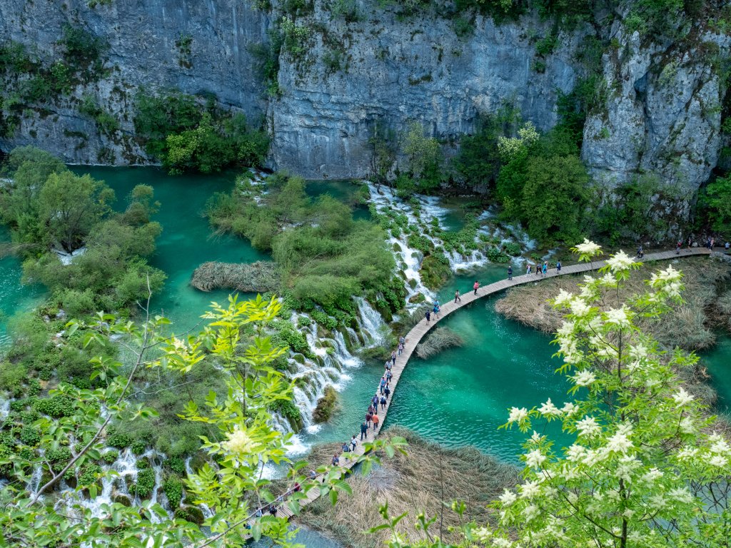 Plitvice Lakes, the largest croatian national park with 16 waterfalls, ancient forests, natural and man made bridges