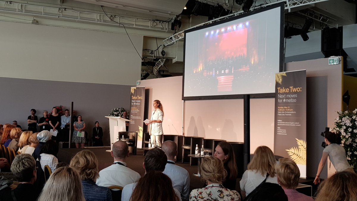 Filminstitutet's tweet photo. "No more silence, just action." Eva Röse avslutar ett mäktigt brandtal under seminariet Take Two: Next moves for #metoo följt av rungande applåder ##metoocannes #5050by2020 #taketwocannes #swedishfilminstitute https://t.co/ikCM6XTQ3o