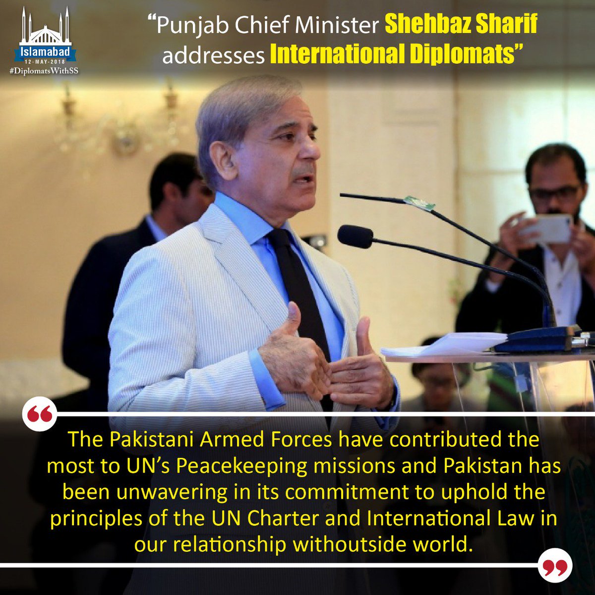 Punjab13to18's tweet photo. "The Pakistani Armed Forces have contributed the most to UN’s Peacekeeping missions and Pakistan has been unwavering in its commitment to uphold the principles of the UN Charter and International Law in our relationship with outside world." @CMShehbaz #DiplomatsWithSS https://t.co/aSbWzwGMTn
