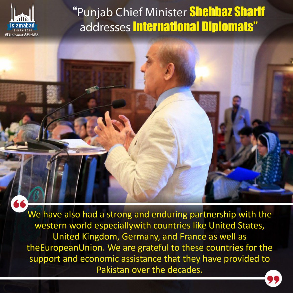 Punjab13to18's tweet photo. "•We have also had a strong and enduring partnership with the western world especially with countries like United States, United Kingdom, Germany, and France as well as the European Union" @CMShehbaz #DiplomatsWithSS https://t.co/N9cVmOF48U