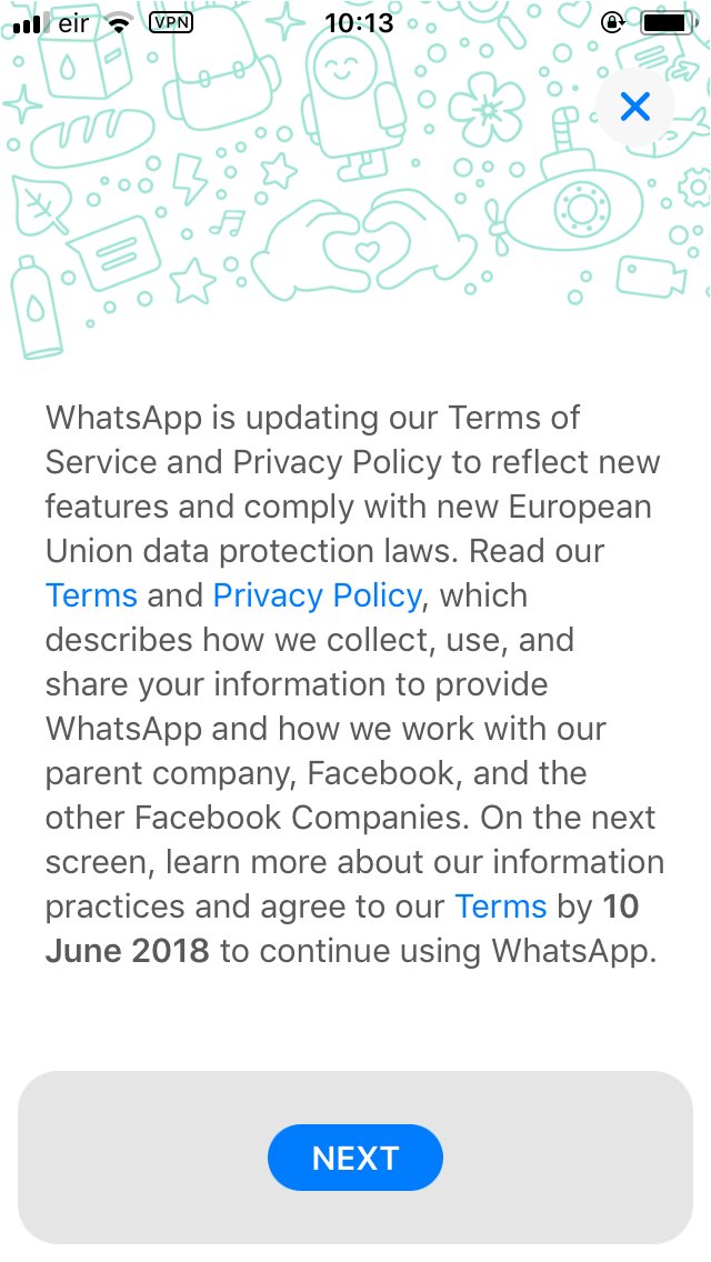 johnnyryan's tweet photo. Whatsapp's new #GDPR terms of service are impossible to read on the scroll screen... 
So I stitched it all together into one 5000 pixel image. 
I ran OCR too, so here is the text version. 
https://t.co/AD7Nt4PUhd https://t.co/Z85i4QYrf1