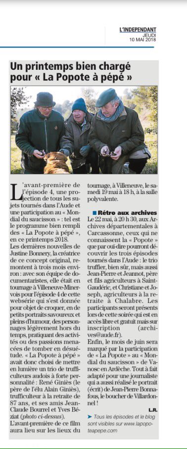 lapopoteapepe's tweet photo. On récapitule le programme du printemps? 1️⃣ Le 19 mai, avant-première de l'épisode #4 à Villeneuve-#Minervois 2️⃣ Le 22 mai, projection des épisodes tournés dans l'#aude à #carcassonne 3️⃣Les 9 &amp; 10 juin #mondial du #saucisson en #ardèche à #Vanosc 🤗 Merci @lindependant ! https://t.co/OnjhbMIlR9