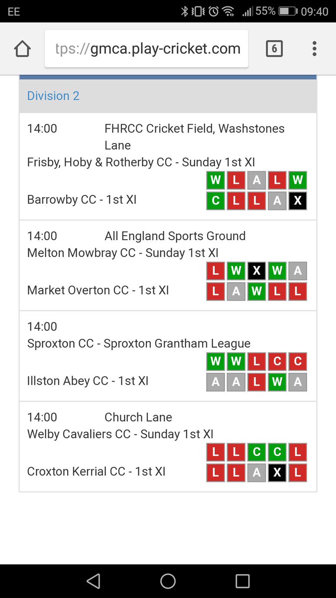 Division 2 fixtures <a href="/FHRCC/">Frisby Cricket</a> <a href="/BarrowbyCricket/">Barrowby CricketClub</a> <a href="/meltoncricket/">MeltonCricket</a> <a href="/Marketovertoncc/">Market Overton CC</a> <a href="/WelbyCC/">Welby Cavaliers CC</a>
