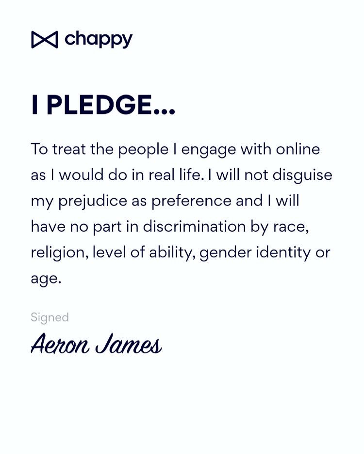 AeronJamesUK's tweet photo. Join me in taking the @chappyapp pledge to end discrimination within the gay community! You can create your own graphic at https://t.co/O3YfTTzAQR and then share and tag me so I can see whoโs here for change! ๐ณ๏ธโ๐๐ณ๏ธโ๐๐ณ๏ธโ๐ #ChappyPledge https://t.co/GzFttlIW3Y