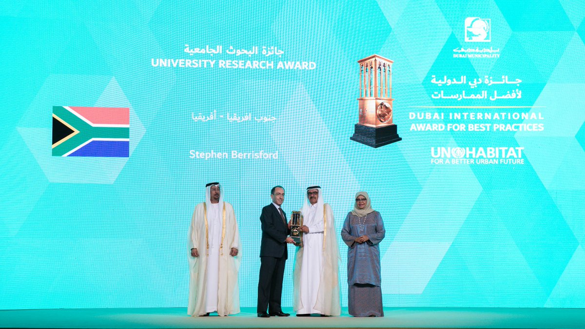 UNHABITAT's tweet photo. Winner of University Research Award on Legislation, Rules, Regulations &amp; Governance Systems category is Mr. Stephen Berrisford from #SouthAfrica #DubaiAward #BestPractices https://t.co/S3XdPc364W
