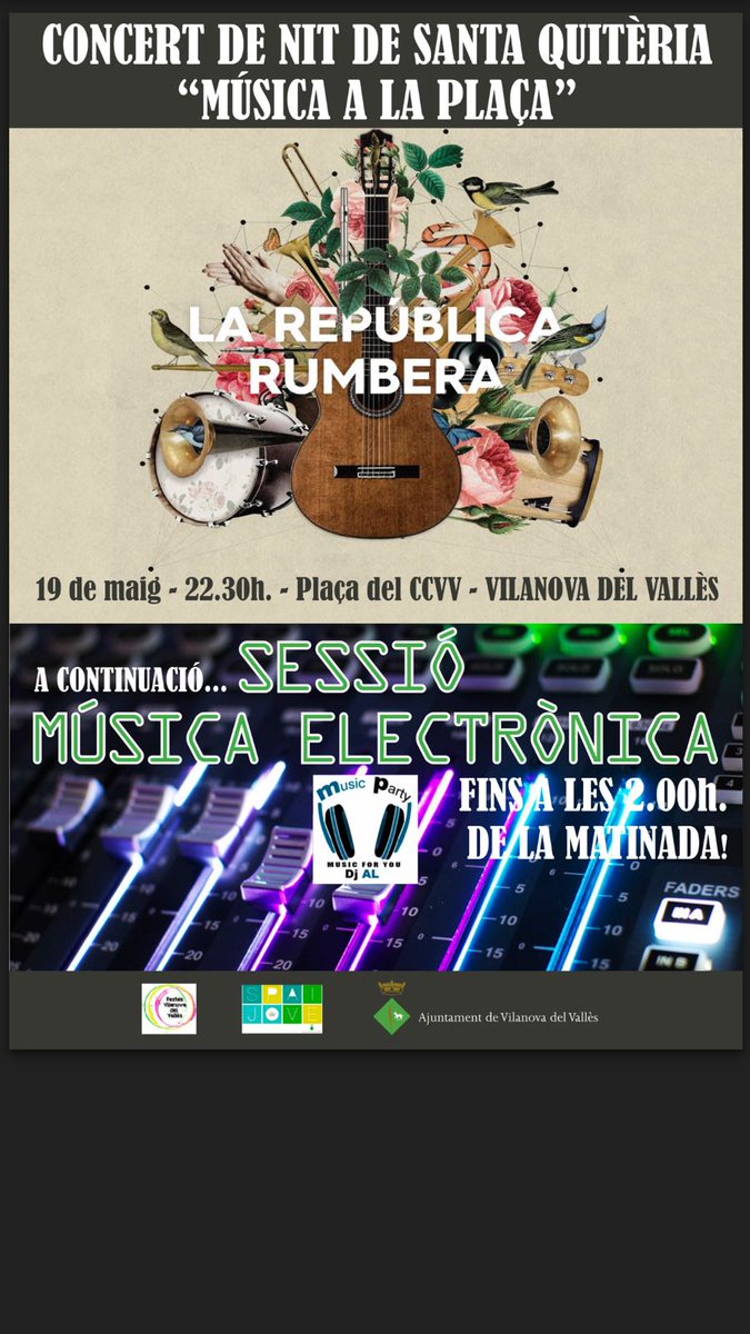 laRepublicaRumb's tweet photo. Concert de Santa Quitèria!! Ens veiem el 19 de maig a Vilanova del Vallès a les 22:30 rumbaaaaaa!!! 
#rumbacatalana #vilanovadelvalles https://t.co/QGHiBbzfb1