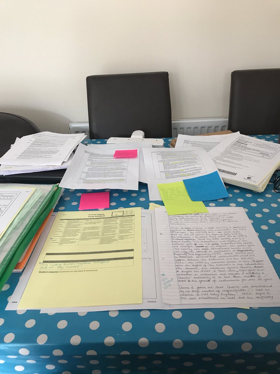 MrsBStockwell's tweet photo. The Sunday struggle is real. So many sheets needed to mark 1 Alevel question #historyteacher #sourcequestions https://t.co/hZ5a7tHvjp