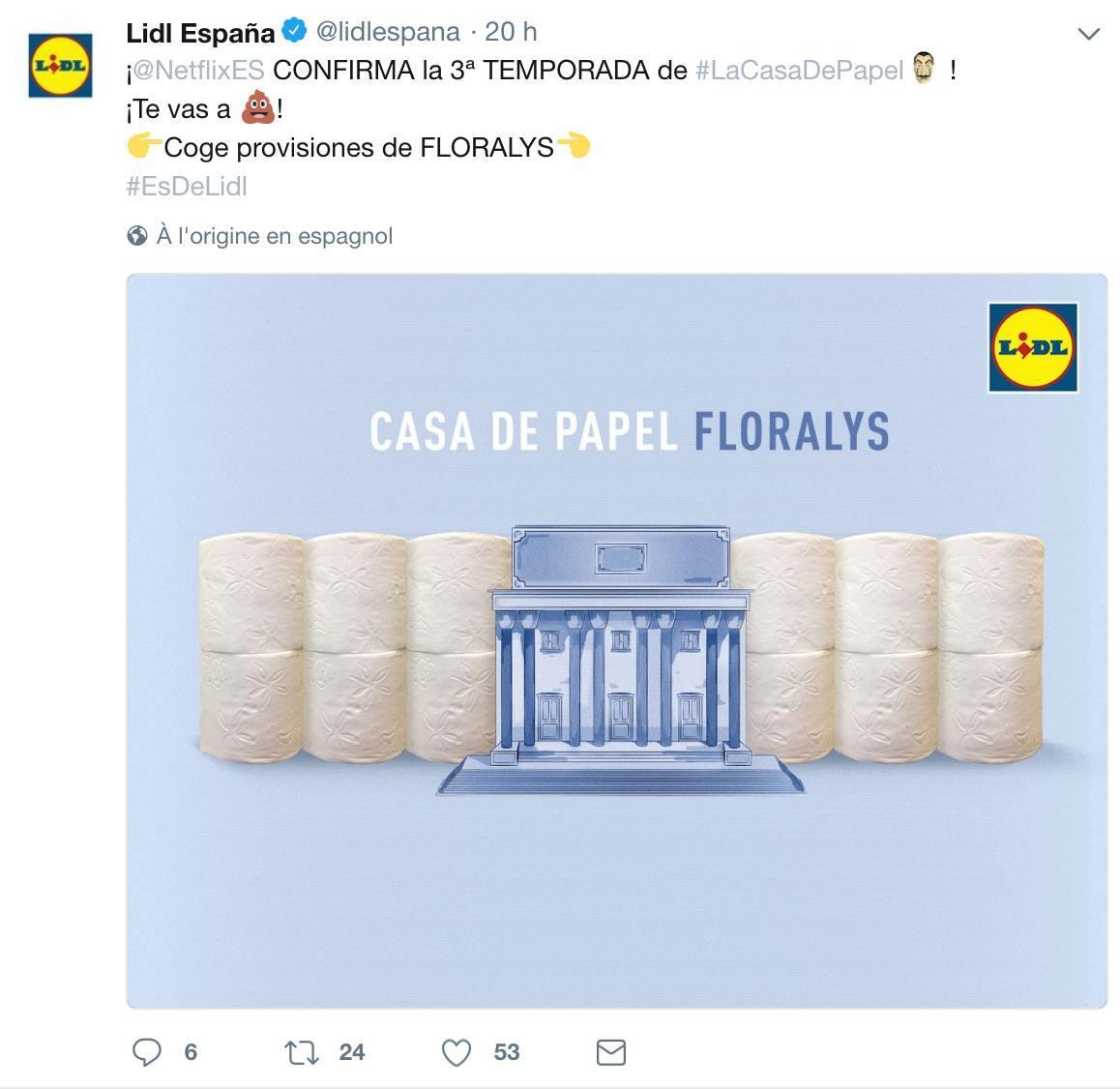 LouloudelaMora's tweet photo. Ils l'ont fait @lidlfrance #mcommunication #marketing #CasaDePapel @CasaDePapelFR https://t.co/TDUgLcZGyR
