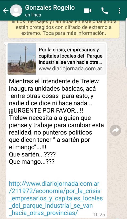 PoliticosChubut's tweet photo. Al parecer ya no hay tanta relación entre Rogelio González, de Luz y Fuerza, y el Intendente @TWAMaderna y un mensaje en cadena de WhatsApp lo corrobora. “Trelew necesita alguien que piense, no un puntero político” https://t.co/vHVIZOdR5C