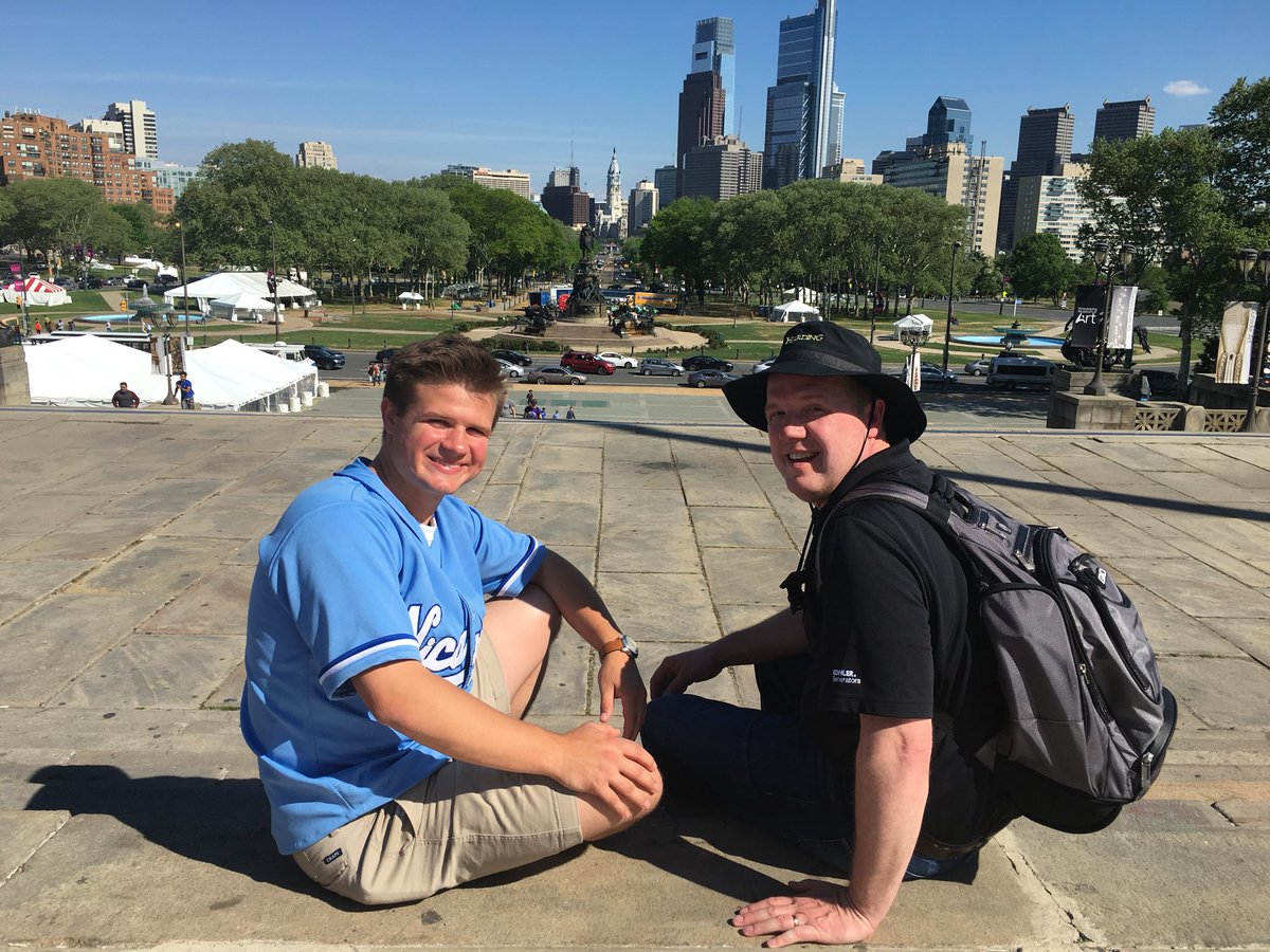 AQ_berry's tweet photo. My dad and brother went to the Rocky steps and a homeless man offered to take their picture and got them to make these poses; afterwards he asked for money. I don’t think My dad has spent a better $20. Thank you random homeless man. https://t.co/TAcI3hJIop
