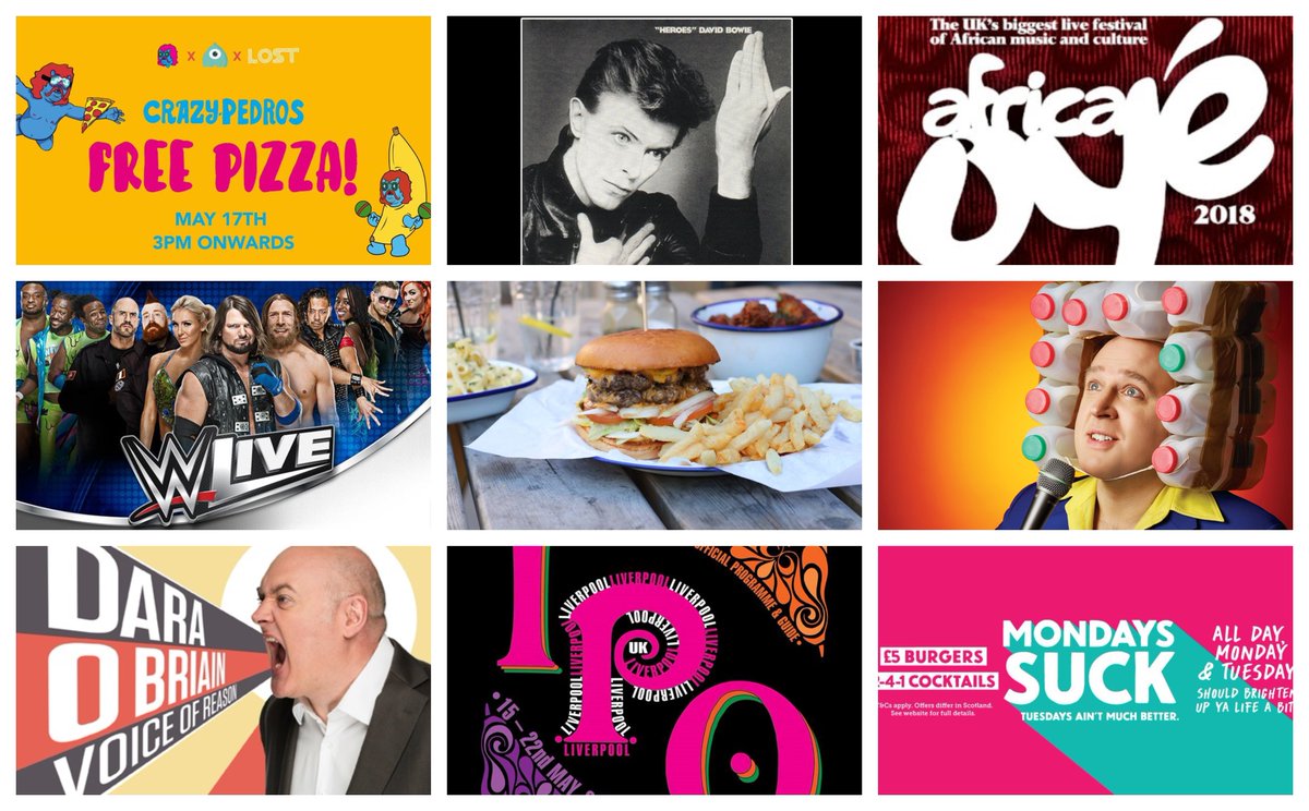 Here's what's on in Liverpool this week..
- <a href="/LightNightLpool/">LightNight Liverpool</a> is back!
- Comedy from <a href="/daraobriain/">Dara Ó Briain</a> &amp; <a href="/RealTimVine/">Tim Vine</a> 
- Royal Wedding Parties <a href="/hiltonliverpool/">Hilton Liverpool</a> 
- Bowie &amp; Chill <a href="/LEAFonBoldSt/">LEAF on Bold St</a> 
And lots more here >> ow.ly/xVXl30jYpYt