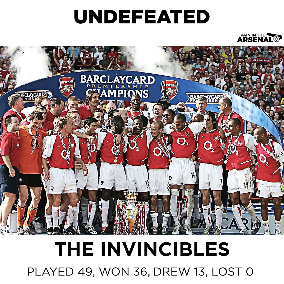 PainInThArsenal's tweet image. Arsenal then went on to do something unimaginable: to play a whole Premiership season without losing a single game. The team became known as “The Invincibles”. #ArseneMoments