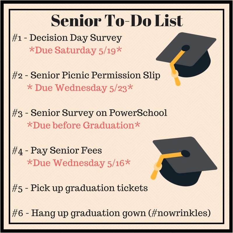 lchs2college's tweet photo. Only 26 days till Graduation! 🎓🎉👀
Seniors, you’ve still got a few things to do before then, so make sure you’ve completed this list! All links can be found on the school website or in the bio.
Get excited, Class of 2018! 👏🏽🐝 #jacketnation #gradszn #advisingcorps #dukecac https://t.co/08R7f5pXiS