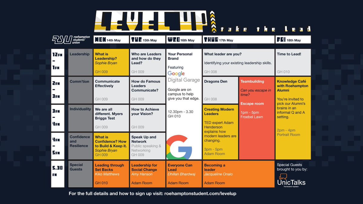 UnicTalks's tweet photo. This coming week: LEVEL UP - a Leadership Week-Long Event packed with professional workshops and talks aimed at inspiring students to be curious, ambitious and creative leaders @RoehamptonUni @RoehamptonSU #leadershio #event #conference #guest #speakers https://t.co/vof9HSeLik