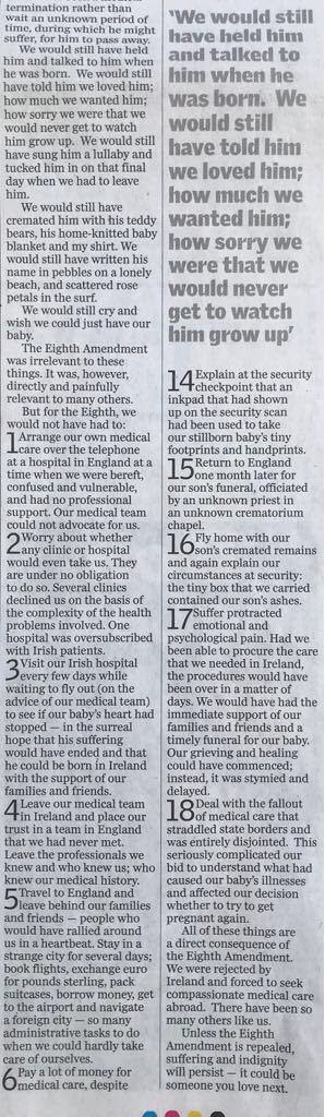 CllrOBrien's tweet photo. A moving article in today's Sindo by friend David Hanlon. '18 Heartbreaking Reasons to Vote Yes' #RepealThe8th #Together4Yes https://t.co/2owf3WeMjN