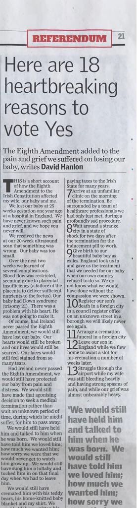 CllrOBrien's tweet photo. A moving article in today's Sindo by friend David Hanlon. '18 Heartbreaking Reasons to Vote Yes' #RepealThe8th #Together4Yes https://t.co/2owf3WeMjN