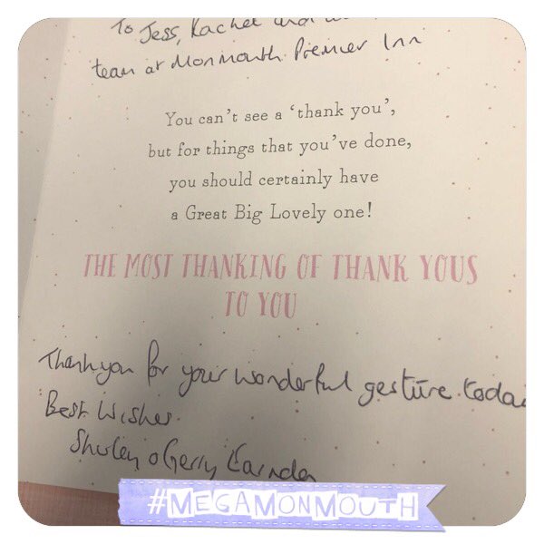 Congratulations and Thank You to Jess, Rachel and the team for going above and beyond for our guests this weekend.   🤩🤩 #feelingappreciated #megamonmouth 
<a href="/Lauraloolooo/">Laura Tait</a> <a href="/SDEBDD/">simon ewins</a> <a href="/SWWalesSolus/">#500PImiles</a>