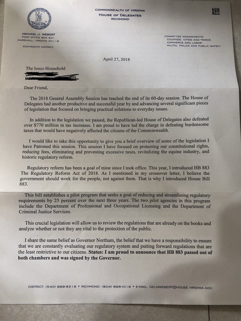 jdiggyiosco's tweet photo. One reason why I voted for @MichaelWebert received a letter about the passing of #HB883 etc! You’re a man of your word, which is hard to find these days! Thanks for working for US! 🇺🇸🗽👍 https://t.co/4sSREnTp4a