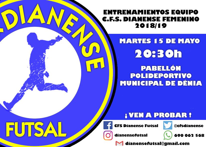 cfsdianense's tweet photo. Empiezan los entrenamientos de pruebas para confeccionar la plantilla 2018/19 del equipo femenino del C.F.S.Dianense. Este martes, a las 20:30h, en el pabellón del polideportivo municipal de Dénia. https://t.co/VjsYPJlUoI