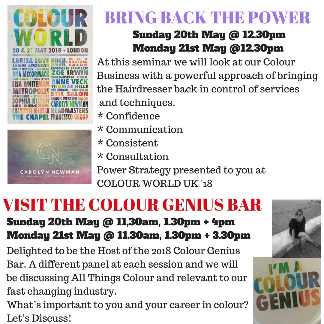 LinnyNewman's tweet photo. 1 week to go!!  Have you got your ticket?? Fabulous line up. Can’t wait! Will be showcasing my #bringbackthepower seminar and host the #colourgeniusbar @colourworlduk #colourworld  @TributeMagUk #colorist #colourist #hair #education #colourful #event #color #colorist https://t.co/1IzWg1HKjC