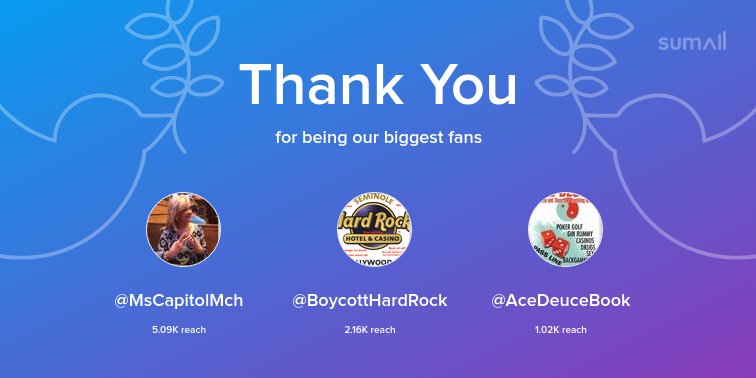Our biggest fans this week: <a href="/MsCapitolMch/">Misty Mays</a>, <a href="/BoycottHardRock/">Boycott Hardrock</a>, <a href="/AceDeuceBook/">J. E. Anderson</a>. Thank you! via sumall.com/thankyou?utm_s…