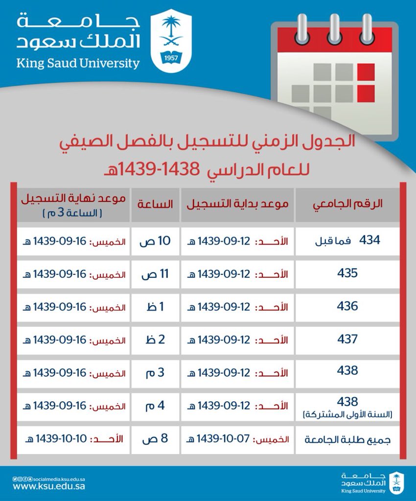 جامعة الملك سعود على تويتر الجدول الزمني للتسجيل للفصل الصيفي للعام الدراسي 1438 1439هـ جامعة الملك سعود Https T Co Hz1o4jxi54