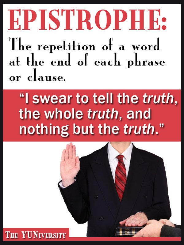 The_YUNiversity's tweet image. Epistrophe = repetition of a word at the end of each clause:
“I swear to tell the TRUTH, the whole TRUTH, and nothing but the TRUTH.” 👨🏻⚖️
#APLanguage