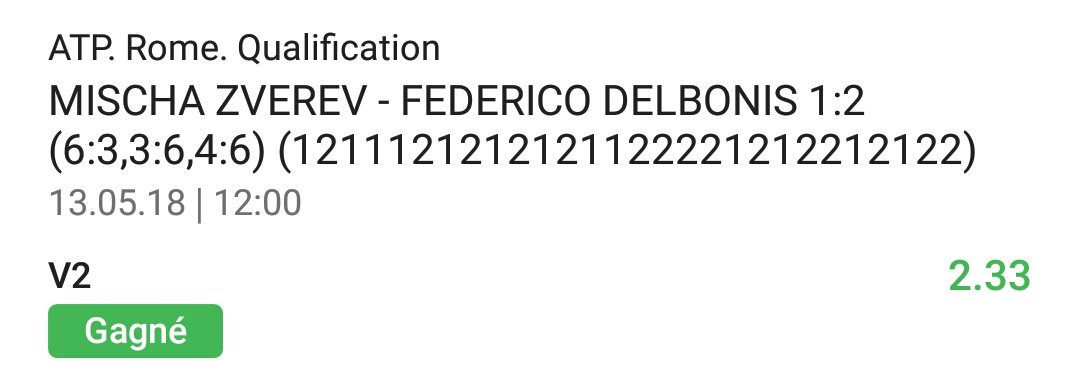 theMax_Pronos's tweet photo. @maxime_rod77 🇮🇹 Masters 1000 Rome
⏲ 13.05.2018 12:00 LIVE 
🎾 🇩🇪 Zverev M. - Delbonis F. 🇦🇷
📈 Delbonis F. 2.33 ✅
#TeamParieur #ParionsSport https://t.co/2YMFaZTPtr