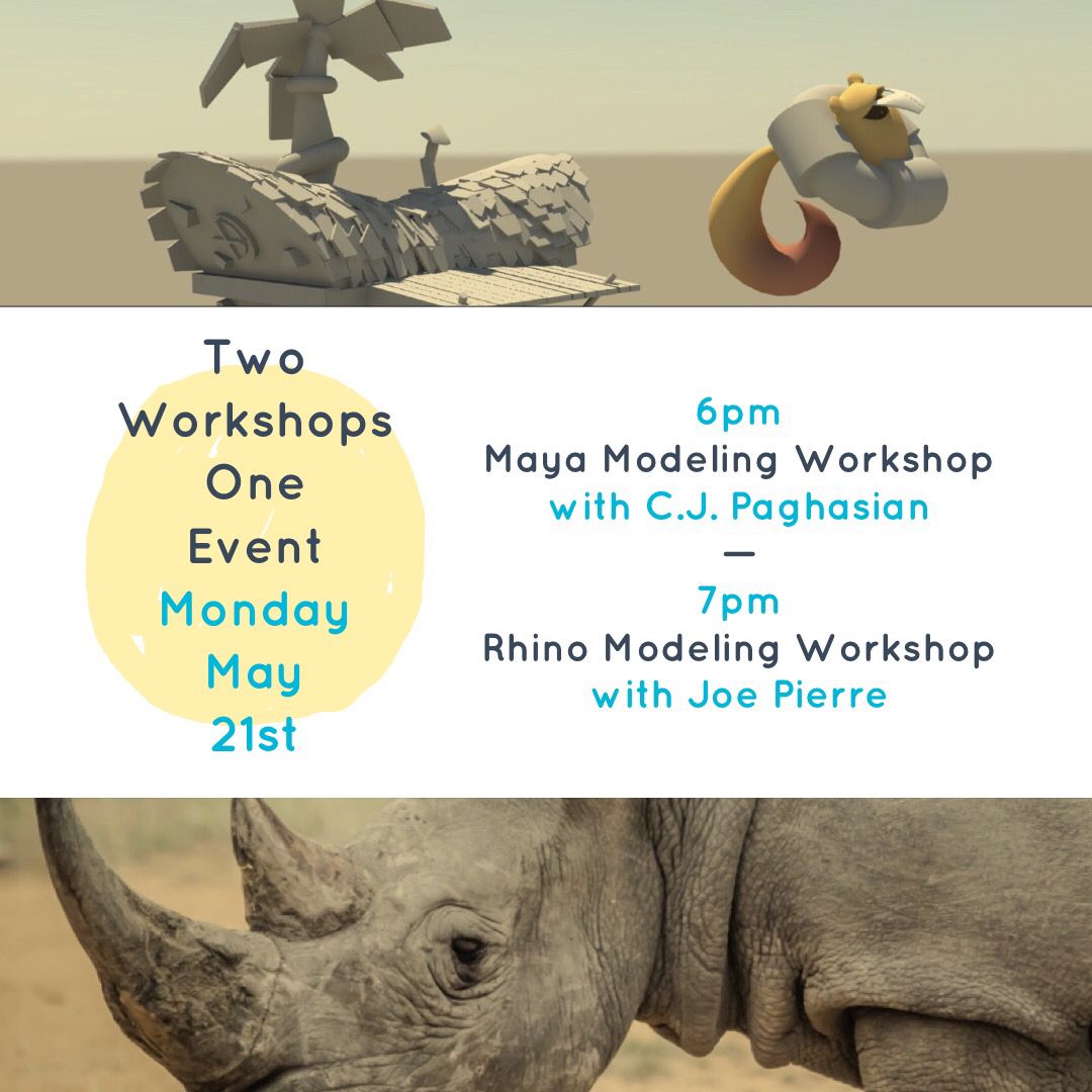 DCC_UCD's tweet photo. Join us on May 21st in Cruess 220 for a workshop double-feature:
6pm - Maya with your classmate CJ!
7Pm - Rhino with CAD instructor Joe Pierre!
https://t.co/QIatA525IE https://t.co/M4ulOhD59D