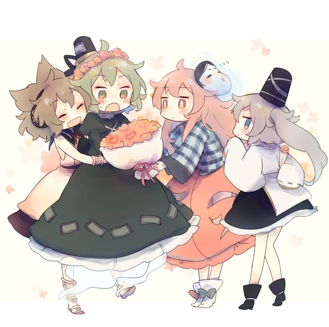 hata no kokoro ,mononobe no futo ,soga no tojiko ,toyosatomimi no miko multiple girls tate eboshi 4girls hat pink hair green hair shirt  illustration images