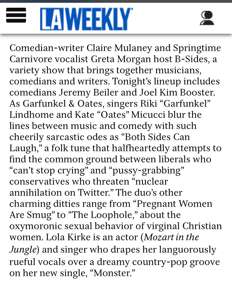 Los Angeles: tonight! Bring your mamas on down to B-Sides with special guests <a href="/lolakirke/">Lola Kirke</a>, <a href="/garfunkeloates/">Garfunkel and Oates</a>, <a href="/jeremybeiler/">Jeremy Beiler</a> and <a href="/jaboukie/">jaboukie</a>! Doors at 8. All your $$ will go to Downtown Women’s Center. Not many tix left, so snag them now if you wanna join: bootlegtheater.org/event/1682105-…