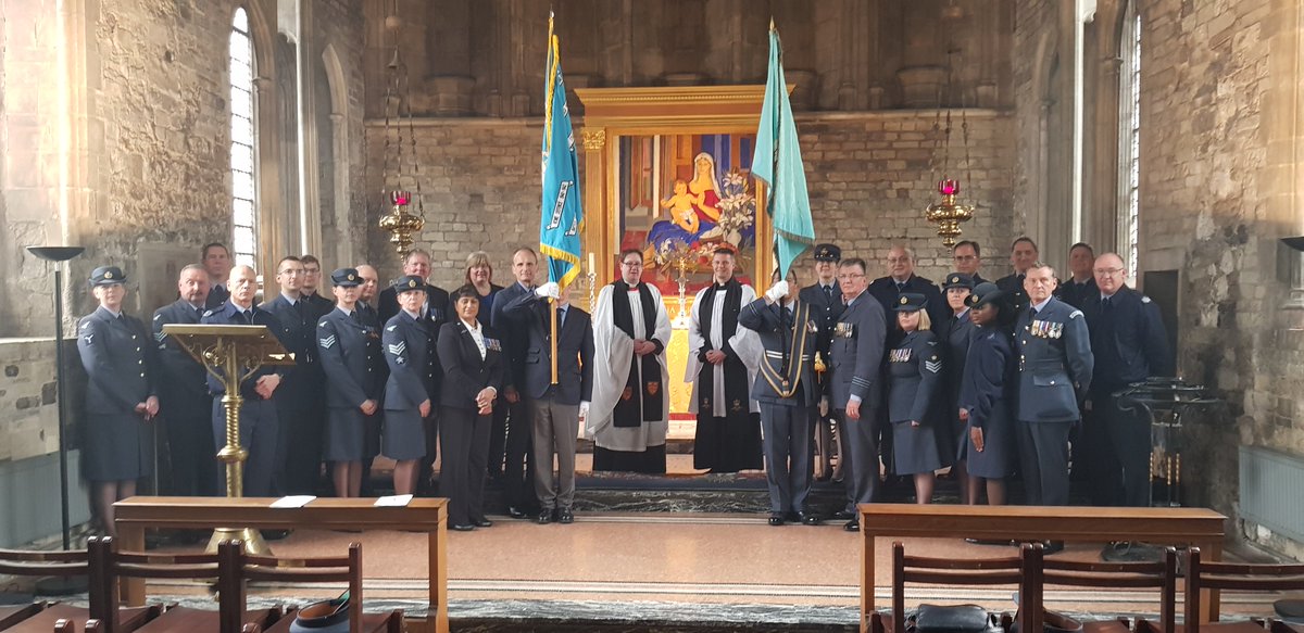 Annual Squadron Commemoration Service today at Priory Church of St Bartholomew the Great. Sqn Standard has been laid up in the Lady Chapel since 1957. Queen Elizabeth, the Queen Mother, unveiled a memorial stone to the Sqn's fallen in the Church in 1950.