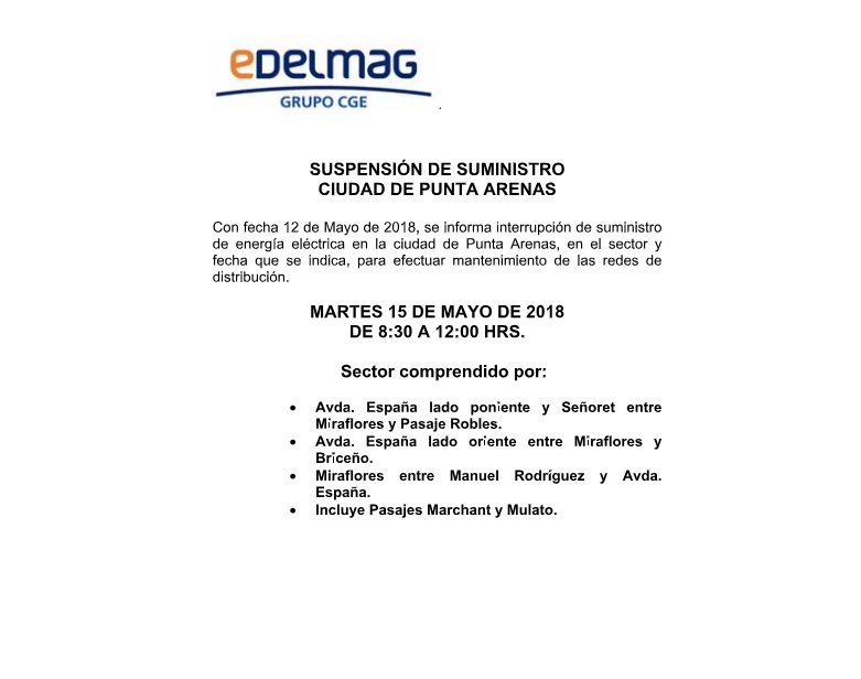edelmag_sos's tweet photo. #InterrupcionProgramada: Informamos que el día martes 15 mayo se realizará una interrupción programada en los sectores de ciudad de #PuntaArenas que se indican en esta imagen. https://t.co/oWbOWyiL4f