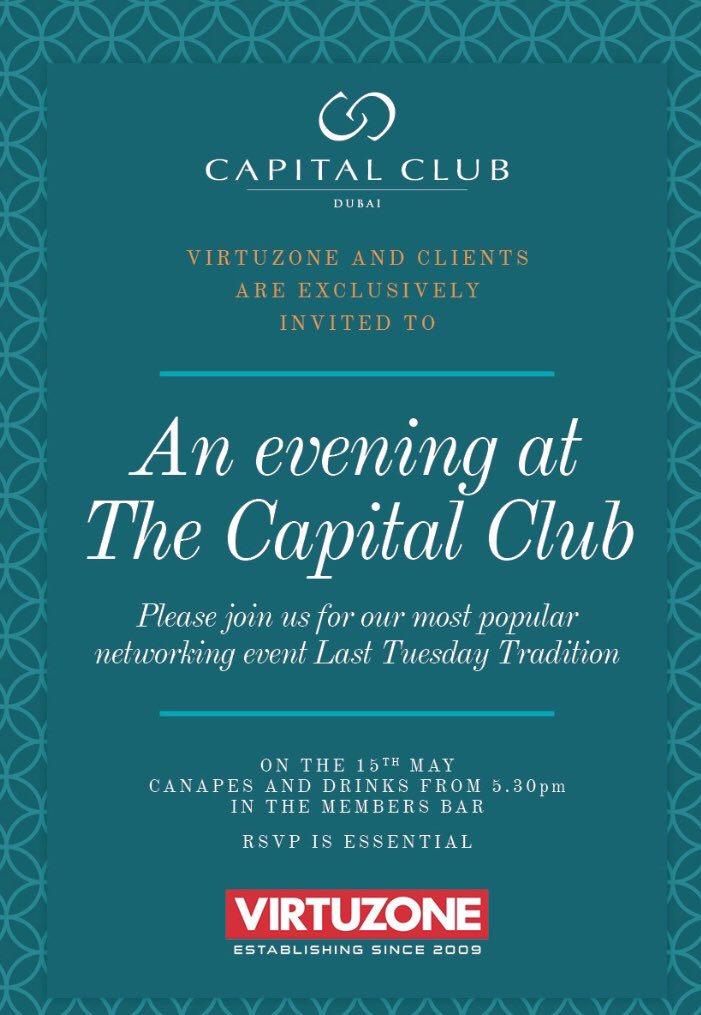 Dr_paul_bryson's tweet photo. Friends and clients of @Virtuzone_UAE are invited to enjoy the last Tuesday tradition at @CapitalClubDXB #DIFC high end networking, complimentary drinks and snacks @BBGOnline @john_hanafin @VossDXB https://t.co/2YDJRjuxSa
