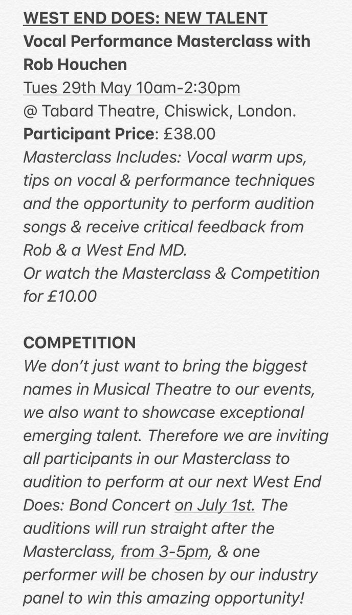 westenddoes's tweet photo. WEST END DOES: NEW TALENT! Join our Director @robhouchen during half term for a Masterclass on vocal performance PLUS WIN THE CHANCE TO PERFORM at our next West End Does Concert on July 1st. Info below. To book &amp; for more info email: info@fortyfourproductions.co.uk https://t.co/9UomJ3PZfh