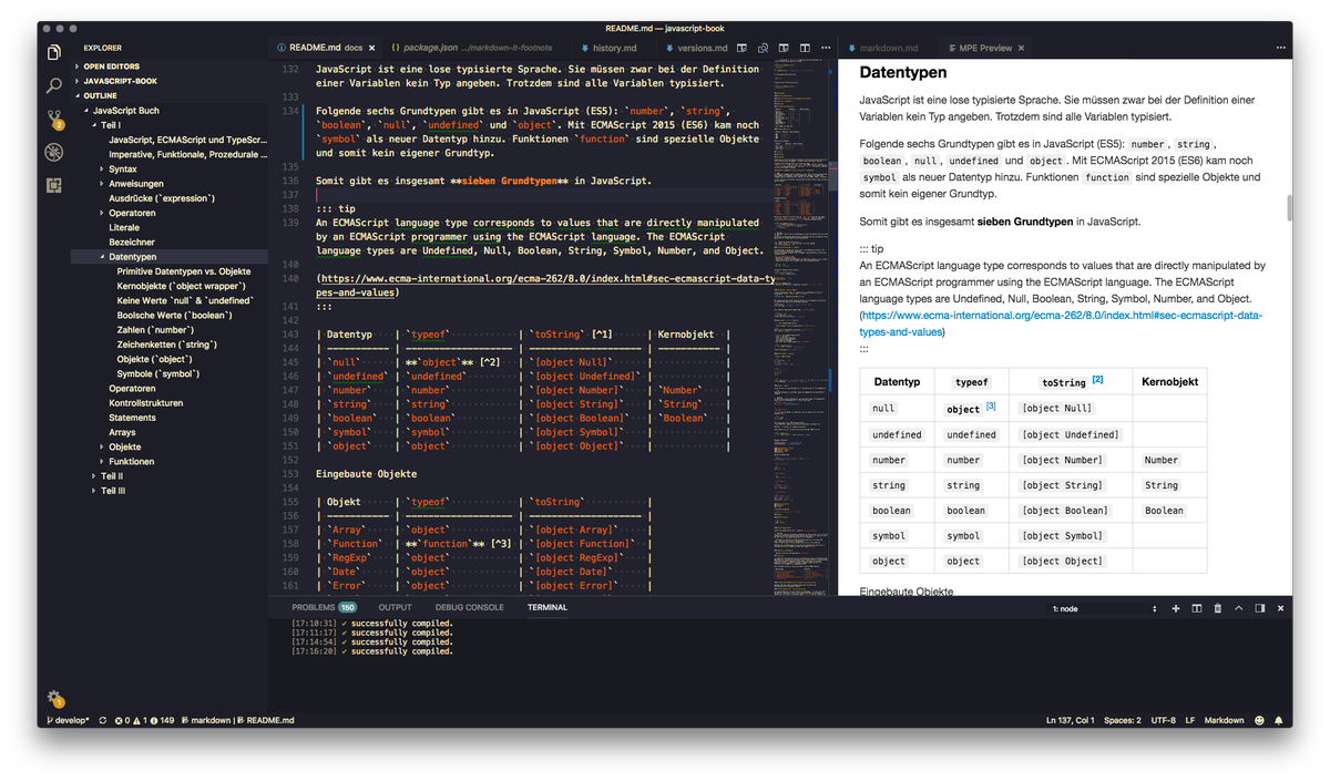 netzzwerg's tweet image. Setup for writing Markdown with #VSCode is perfect. Outline, formatter and preview in Code and #VuePress automatically generates the page.